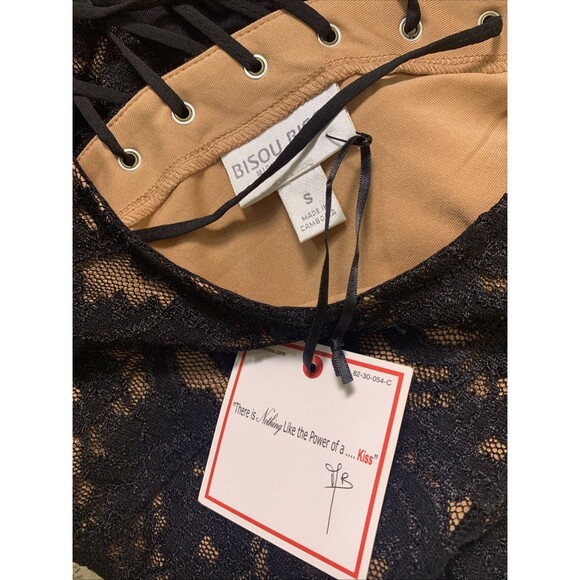 New Bisou Bisou‎ Women’s Black Lace Bodysuit Blouse Lace-up Back Sexy Size Small - Picture 5 of 6